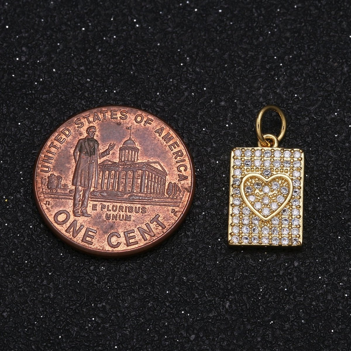 OS Tiny Golden Heart in Crystal Rectangle Tag Charm CZ Plain Gold Heart Micro Pave Geometric Charm Pendant GP-026