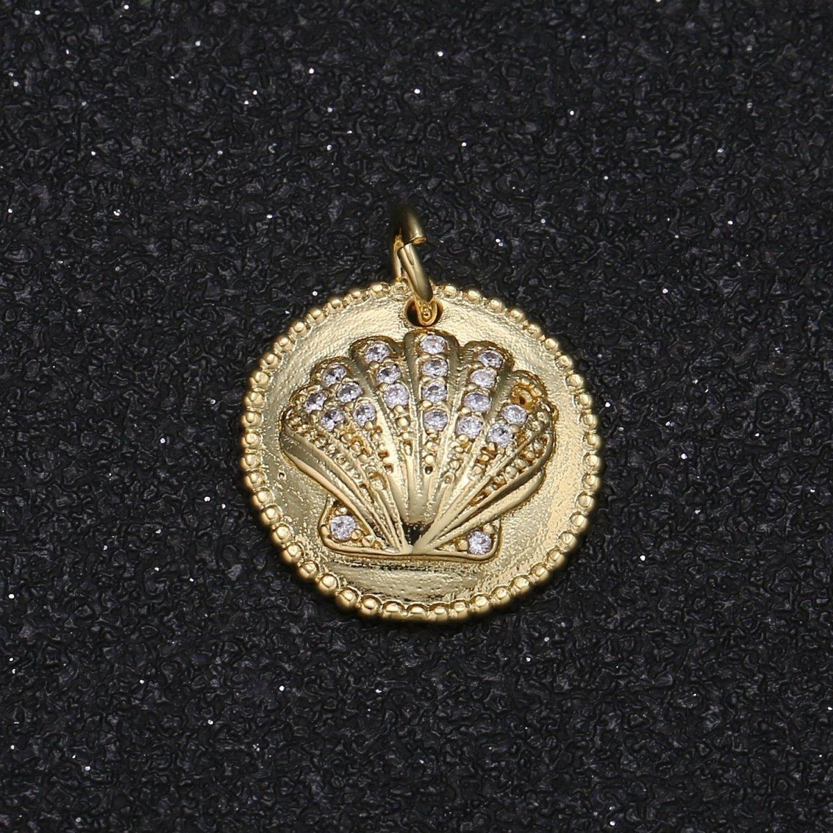 Tiny Golden Rustic Sea Shell Coin Charm CZ Crystal Ocean Animal Nature Charm Pendant GP-062 - DLUXCA