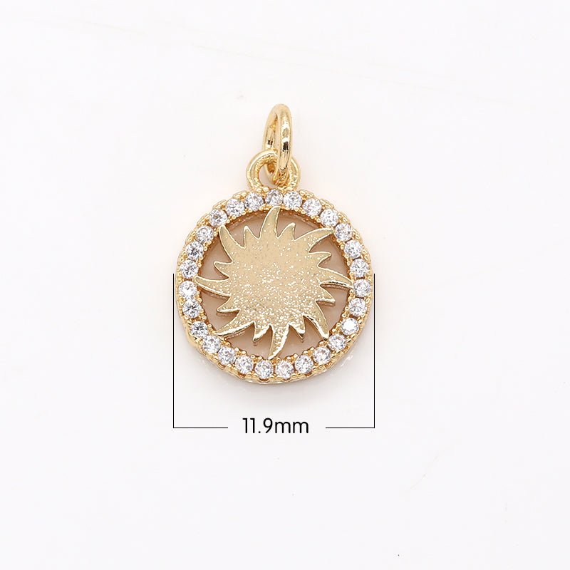Tiny Golden Sunrays Flower in Gold Plated Circle Charm CZ Mini Geometric Micro Pave Charm Pendant GP-558 - DLUXCA