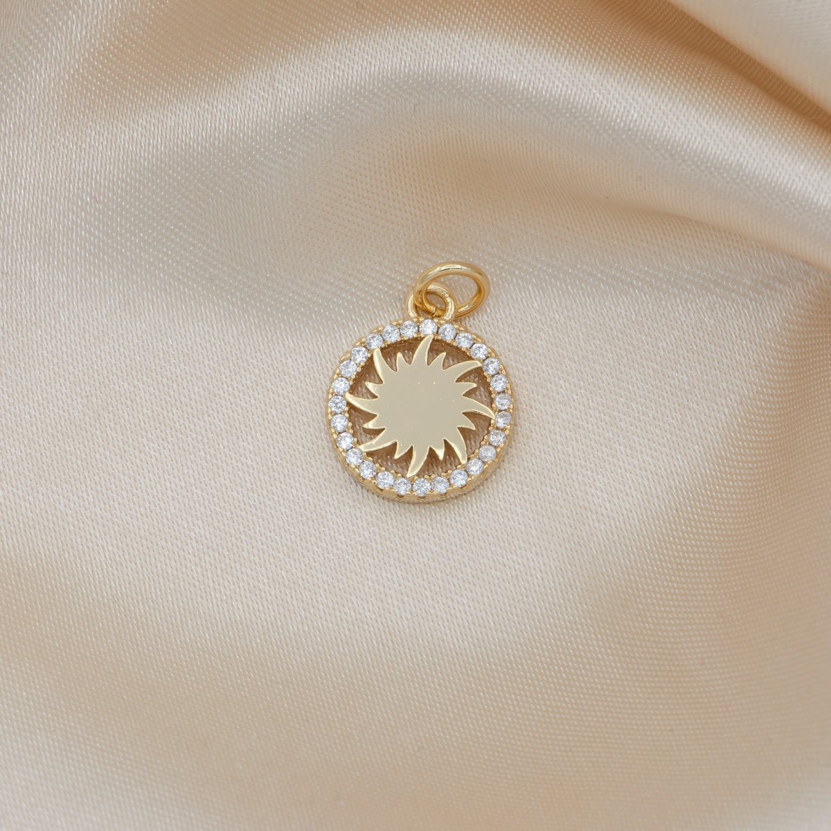 Tiny Golden Sunrays Flower in Gold Plated Circle Charm CZ Mini Geometric Micro Pave Charm Pendant GP-558 - DLUXCA