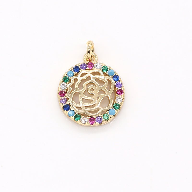 Tiny Rose Ornament in Golden Circle Charm CZ Multicolor Zirconia Geometric Shape Charm Pendant GP-611