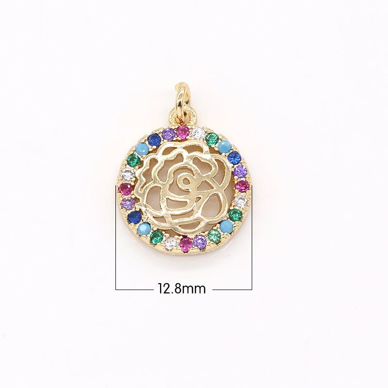 Tiny Rose Ornament in Golden Circle Charm CZ Multicolor Zirconia Geometric Shape Charm Pendant GP-611