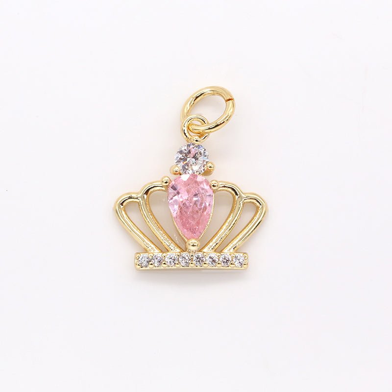 Tiny Single Pink Crystal Diamond Crown Charm CZ King Queen Dainty Crown Jewelry Micro Pave Charm Pendant GP-444 - DLUXCA