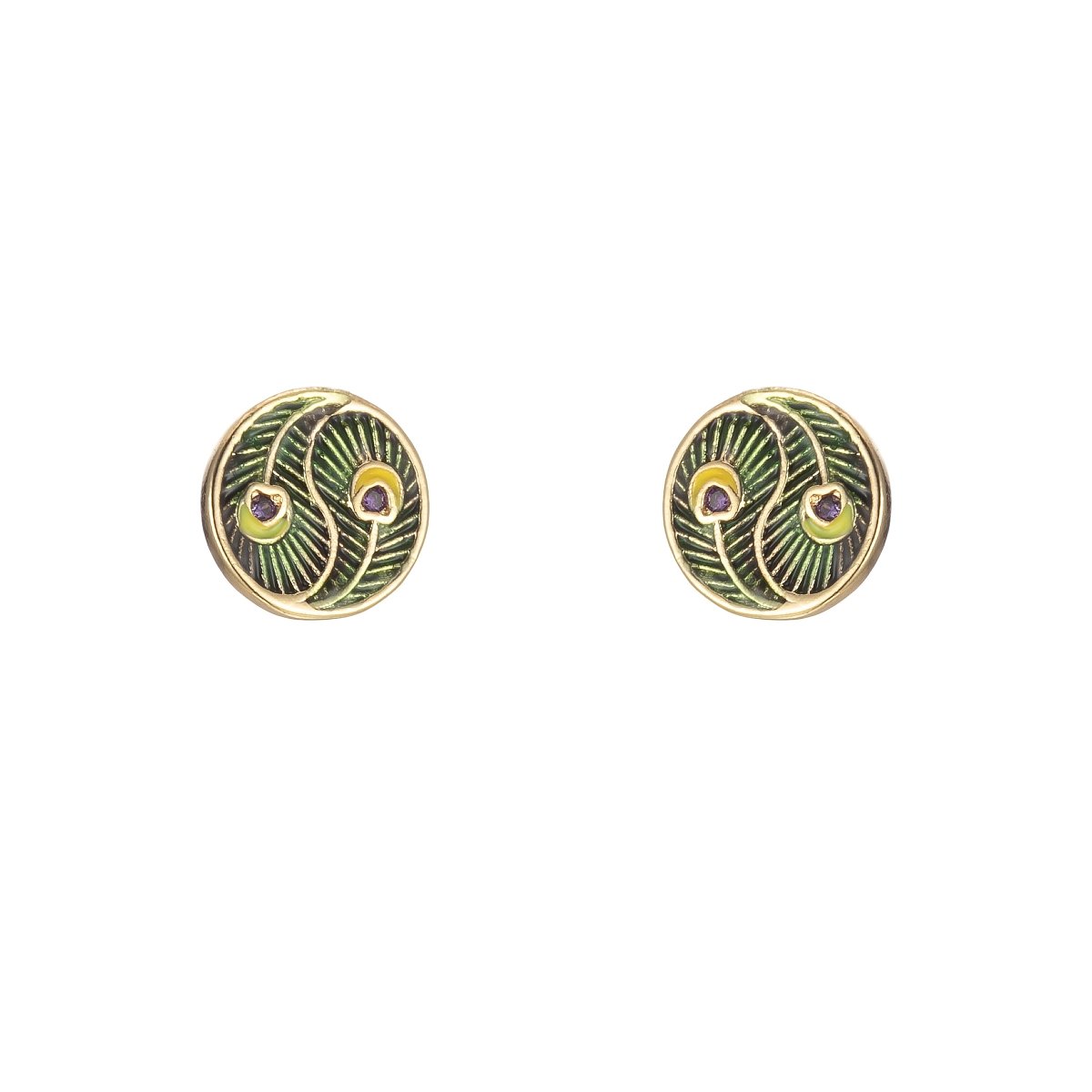 Tiny Yin Yang Round Leaf with Purple Crystal Stud Earrings CZ Gold Filled Mini Casual Daily Wear Earring Jewelry P-152 - DLUXCA