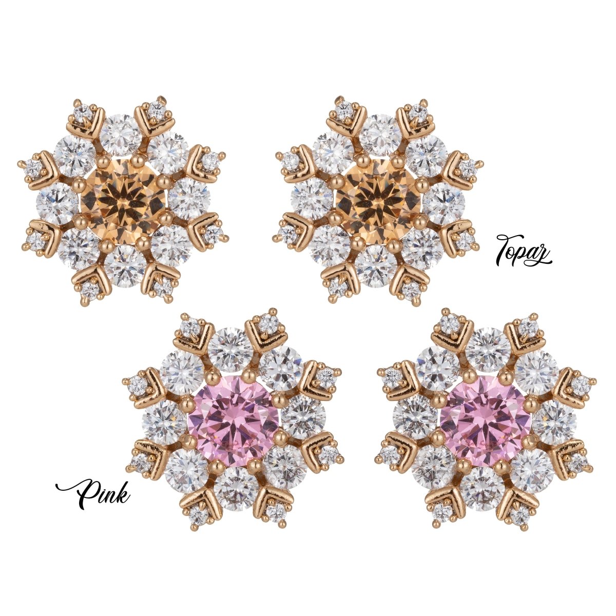 Topaz Snowflake Stud Earrings Gold Filled Cz Snowflakes Earrings Pink Stud Earrings Wedding Jewelry Best friend Gift for her Q-020