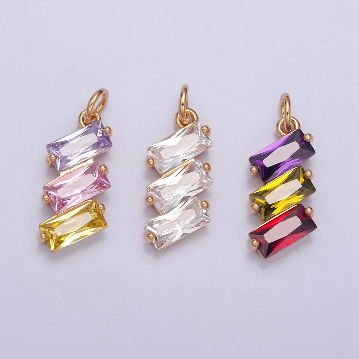 Triple Baguette Neon, Clear, Pastel Multicolor CZ Add on Gold Charm | W-196 - W-198
