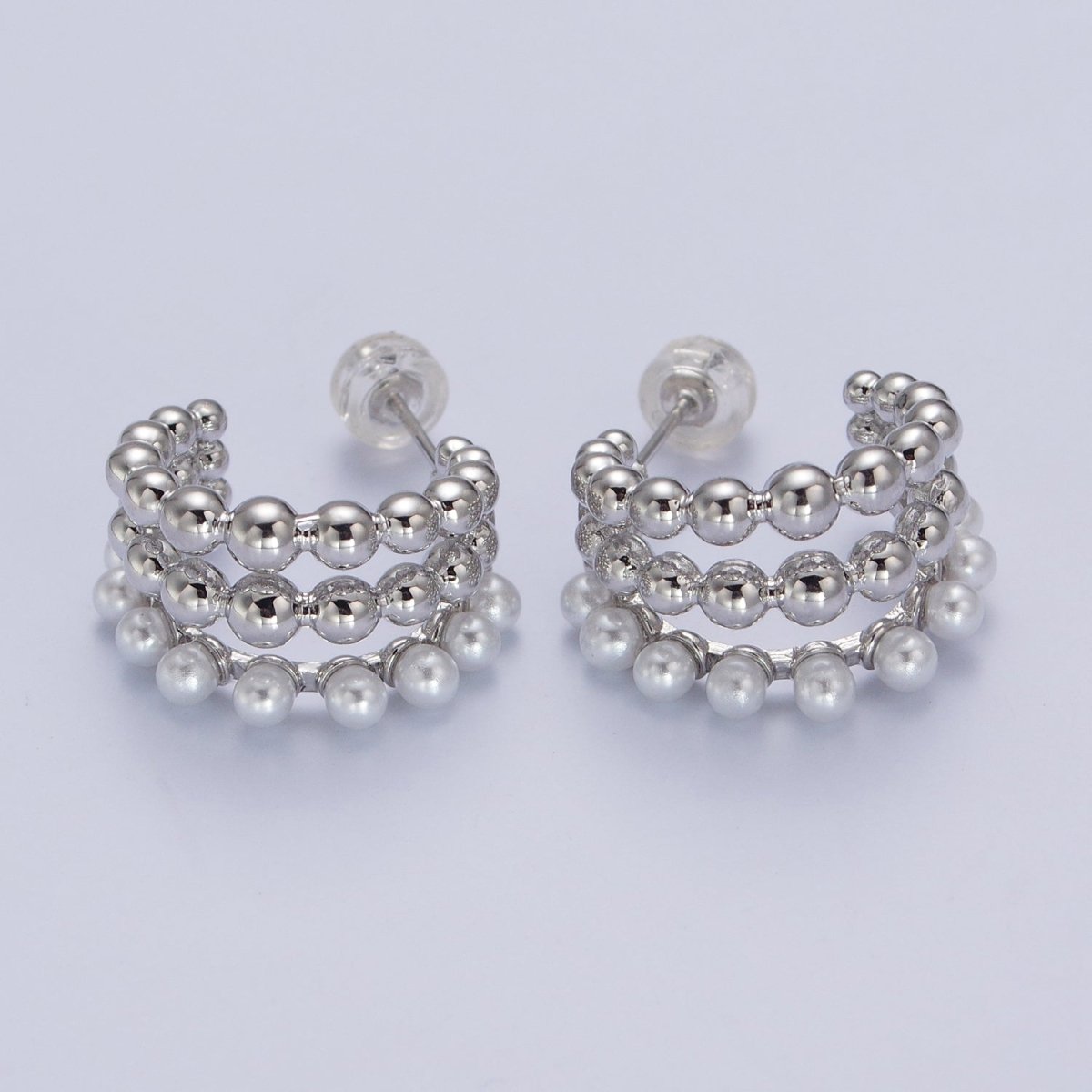Triple Beaded Bubble Ball Round Pearl C-Shaped Hoop Earrings in Gold & Silver | AB051 AB052
