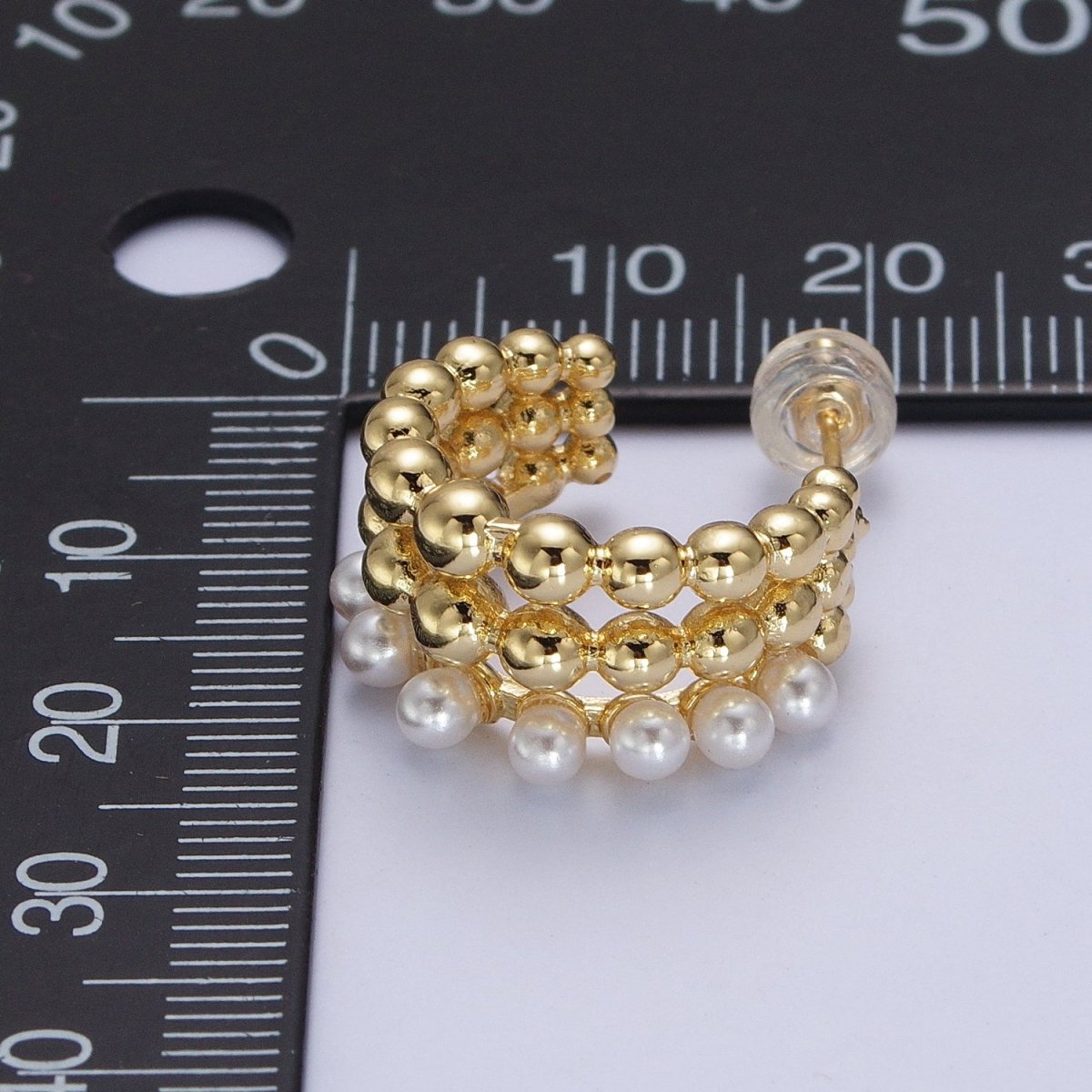 Triple Beaded Bubble Ball Round Pearl C-Shaped Hoop Earrings in Gold & Silver | AB051 AB052