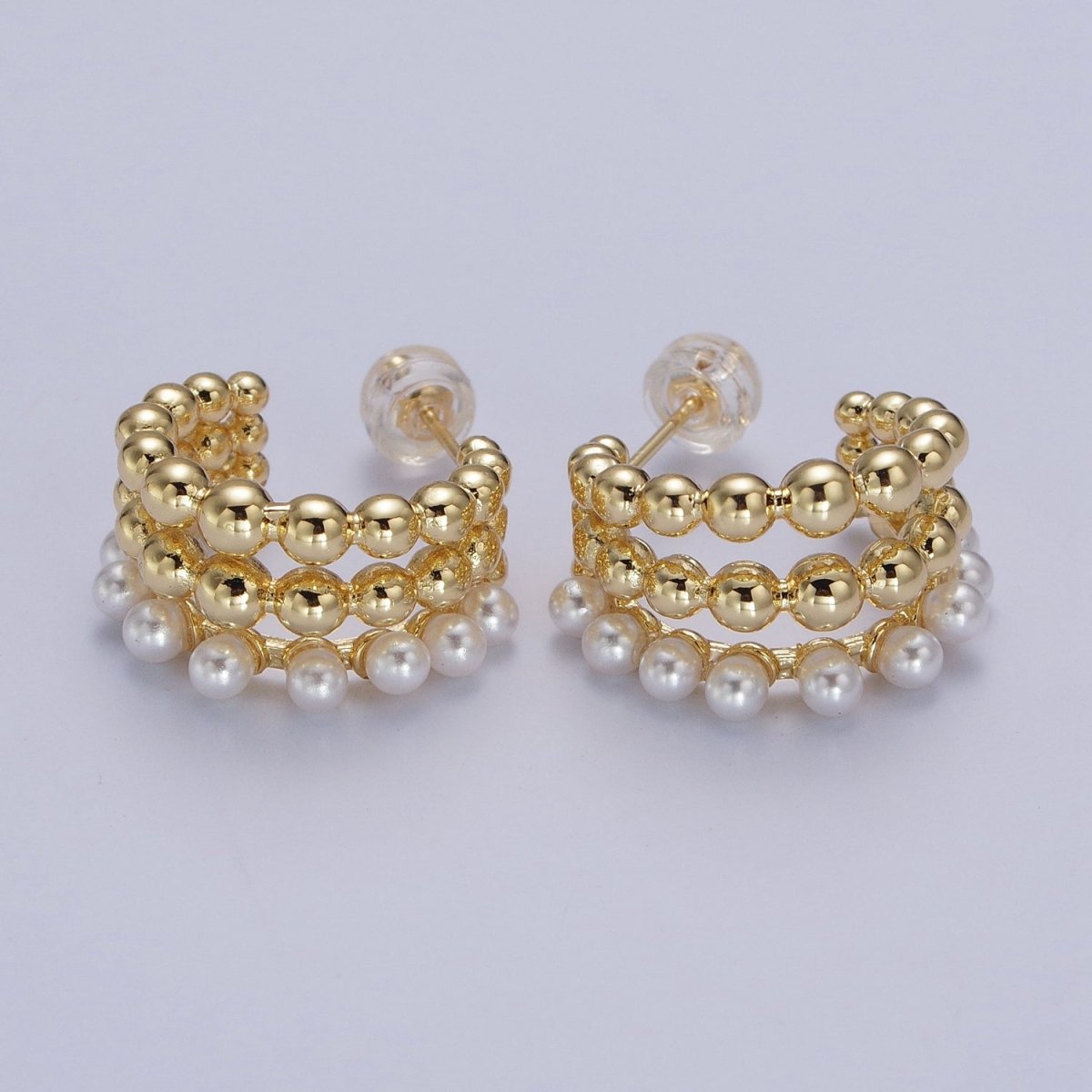Triple Beaded Bubble Ball Round Pearl C-Shaped Hoop Earrings in Gold & Silver | AB051 AB052