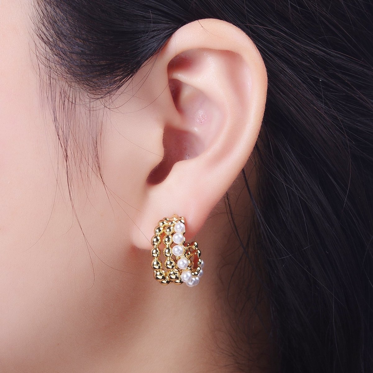 Triple Beaded Bubble Ball Round Pearl C-Shaped Hoop Earrings in Gold & Silver | AB051 AB052