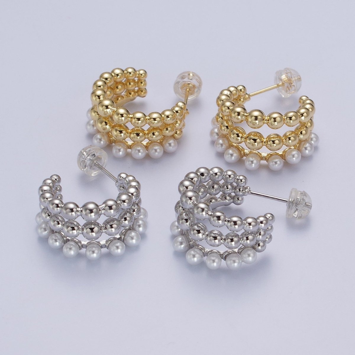 Triple Beaded Bubble Ball Round Pearl C-Shaped Hoop Earrings in Gold & Silver | AB051 AB052