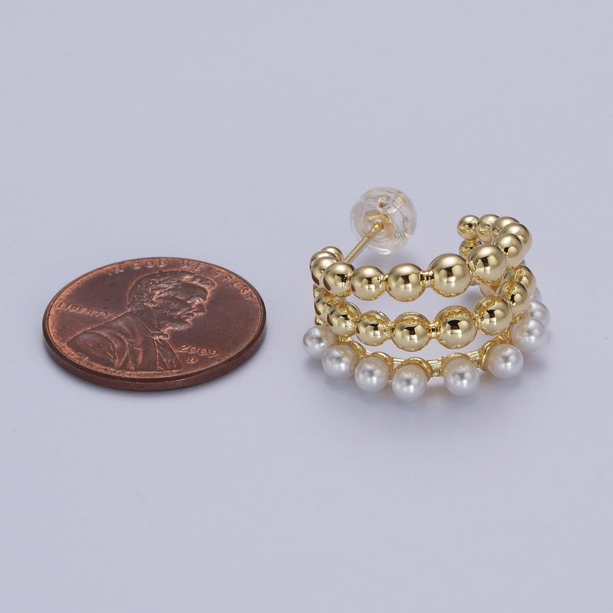 Triple Beaded Bubble Ball Round Pearl C-Shaped Hoop Earrings in Gold & Silver | AB051 AB052