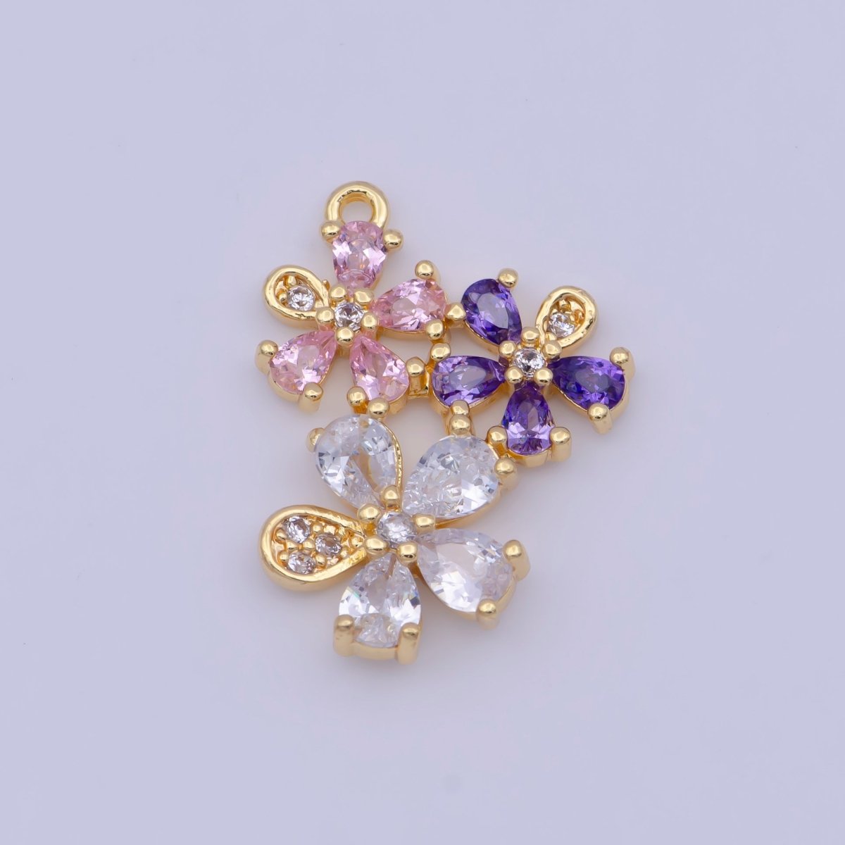 Triple Clear Pink Purple Cubic Zirconia Flowers Nature Charm For DIY Jewelry Making | X-716 - DLUXCA