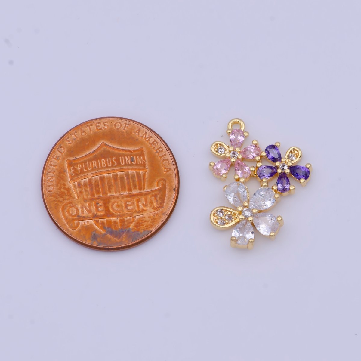 Triple Clear Pink Purple Cubic Zirconia Flowers Nature Charm For DIY Jewelry Making | X-716 - DLUXCA