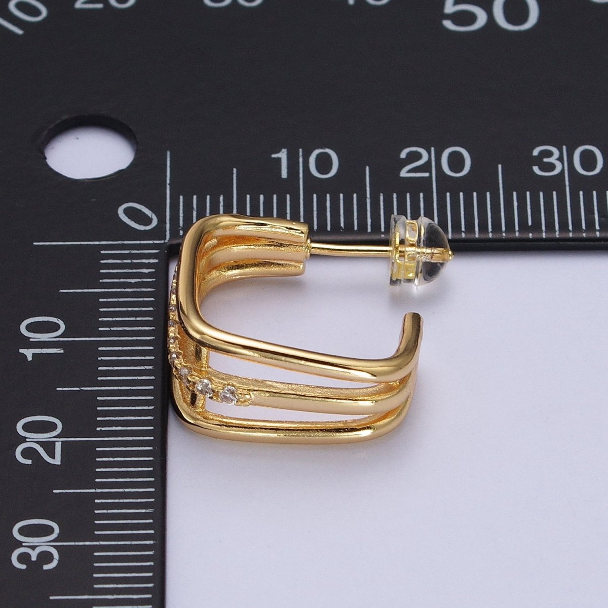Triple Micro Pave CZ Bar Geometric Square J-Shaped Hoop Earrings In Gold & Silver | AB053 AB054
