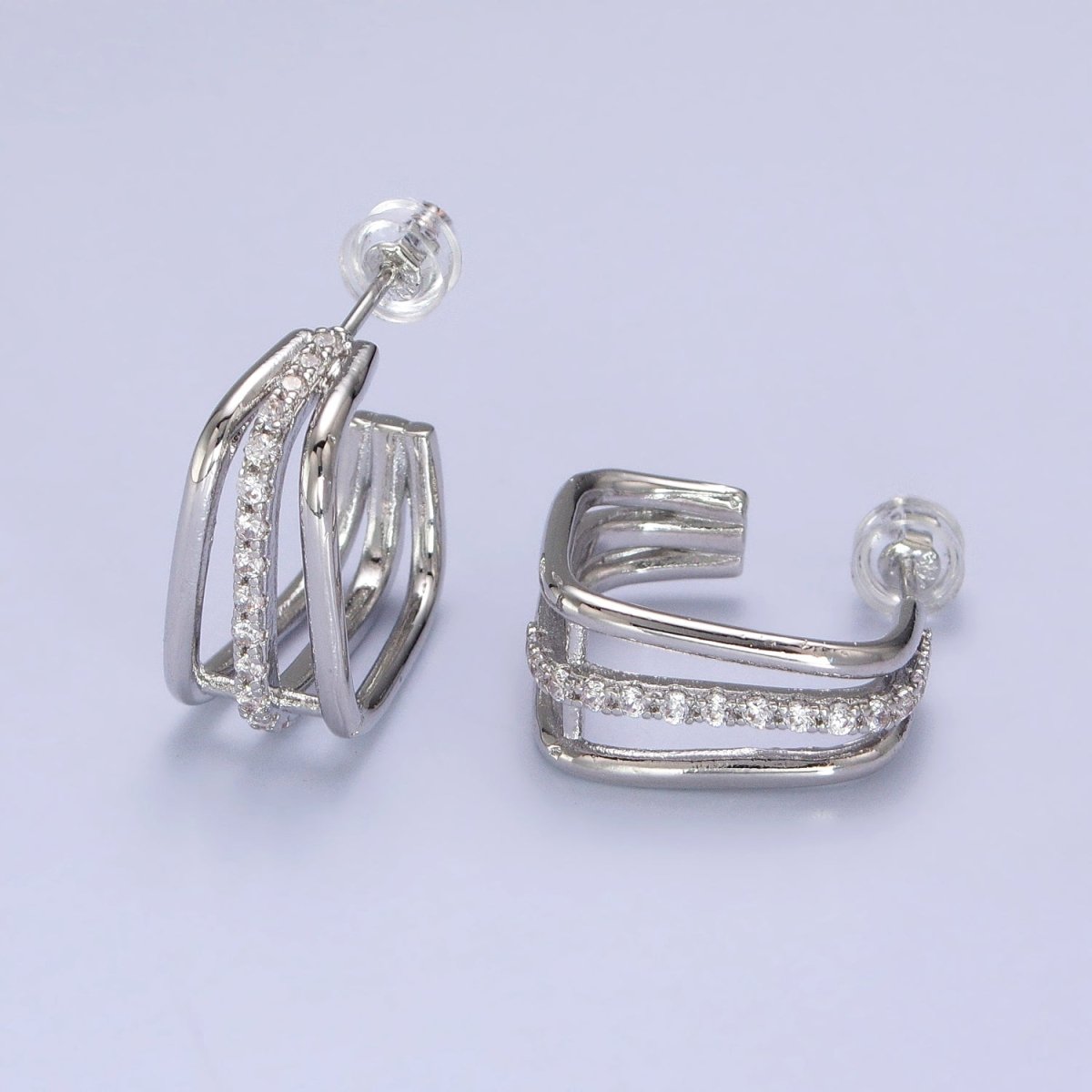 Triple Micro Pave CZ Bar Geometric Square J-Shaped Hoop Earrings In Gold & Silver | AB053 AB054