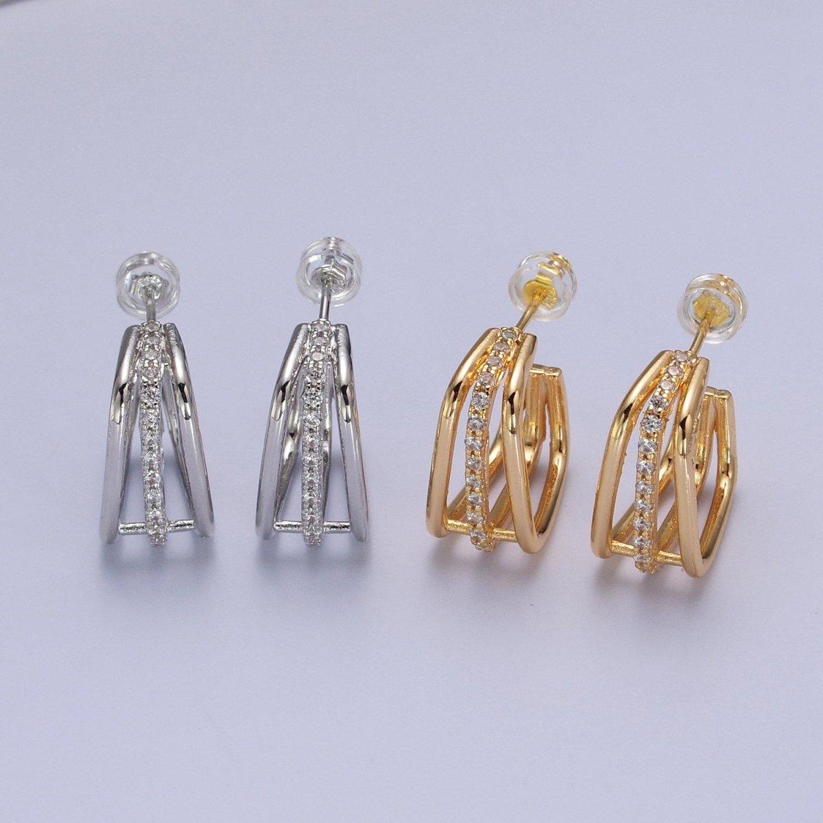 Triple Micro Pave CZ Bar Geometric Square J-Shaped Hoop Earrings In Gold & Silver | AB053 AB054