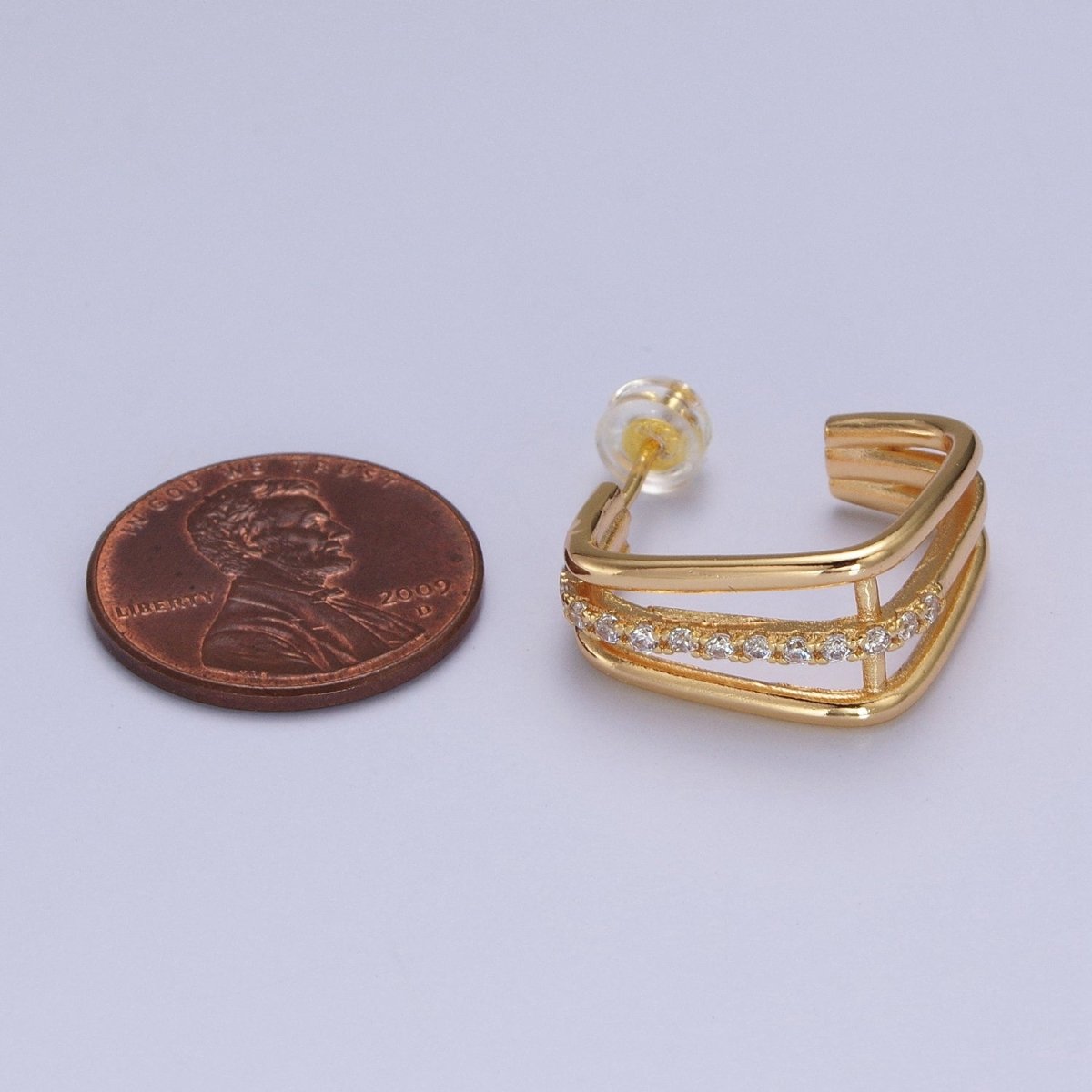 Triple Micro Pave CZ Bar Geometric Square J-Shaped Hoop Earrings In Gold & Silver | AB053 AB054