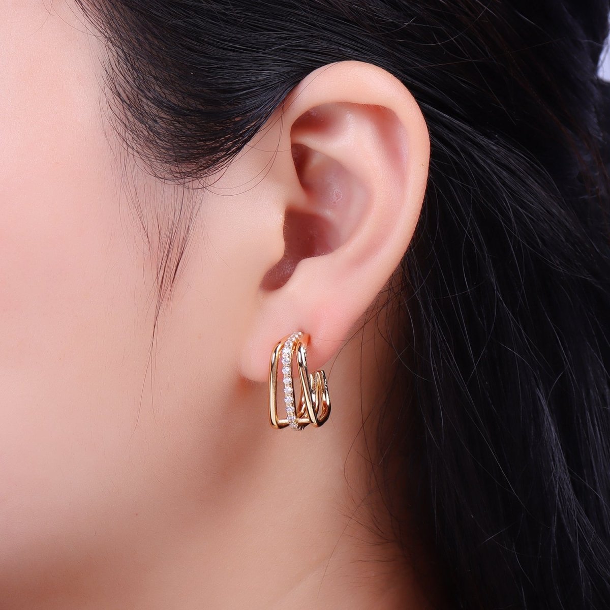 Triple Micro Pave CZ Bar Geometric Square J-Shaped Hoop Earrings In Gold & Silver | AB053 AB054