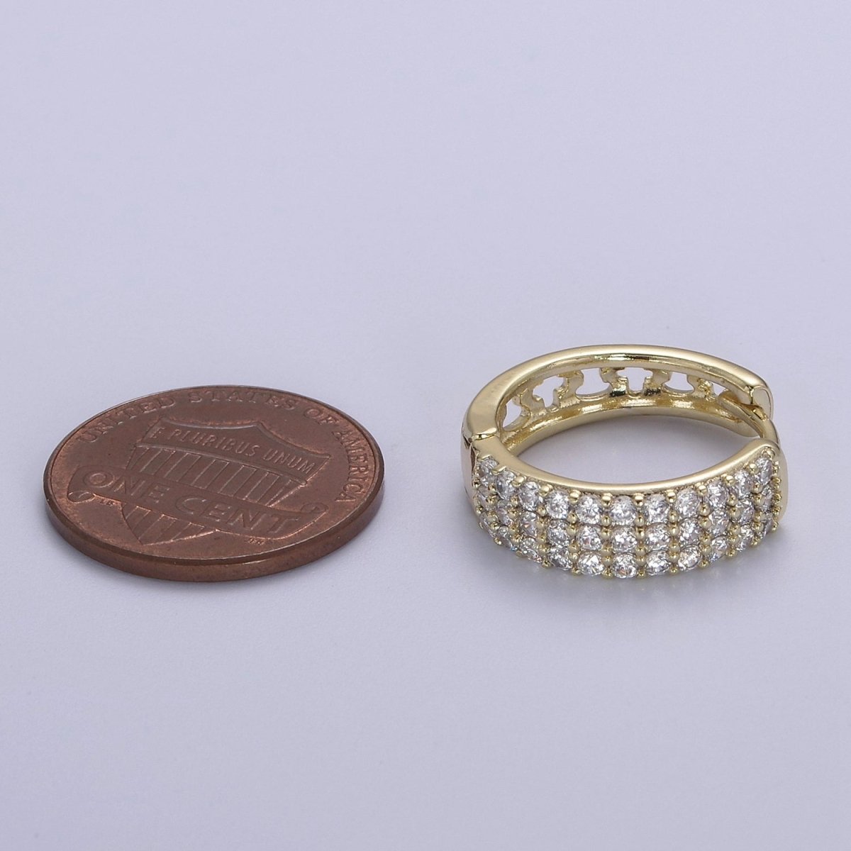 Triple Pave Gold Huggie Hoop Earrings, Thick Hoops, 3 Lines CZ Diamond Hoop Earrings V-152 - DLUXCA