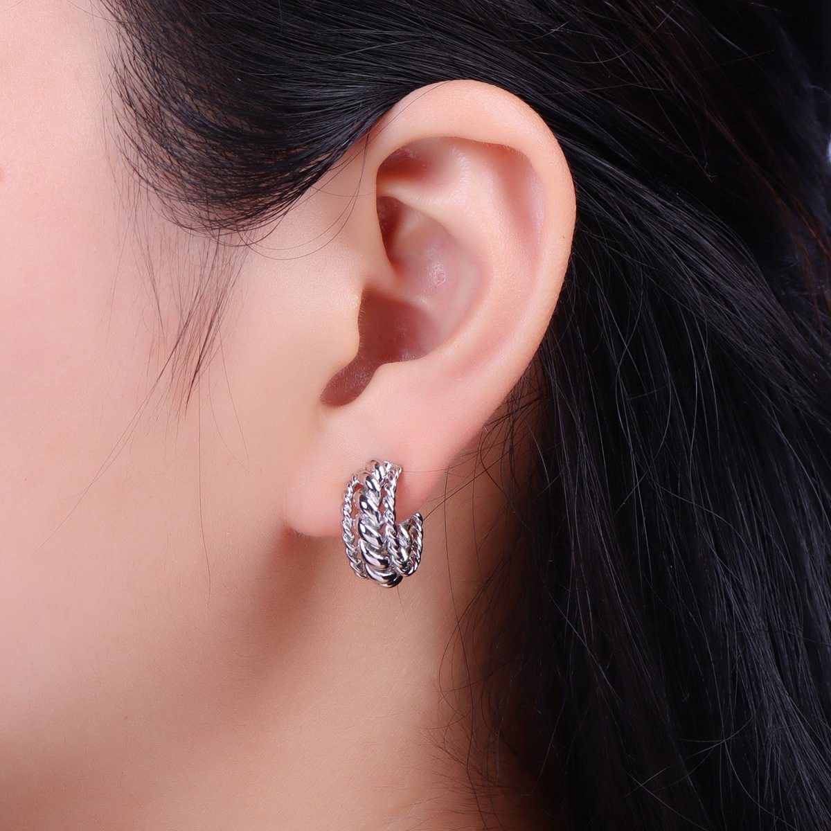 Triple Twisted Croissant Braided C-Shaped Stud Earrings in Gold & Silver | AB024 AB064