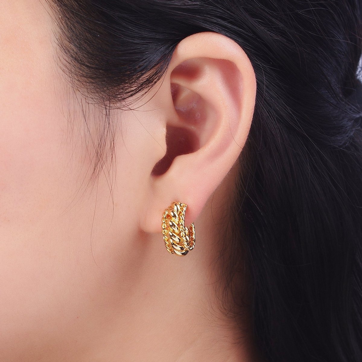 Triple Twisted Croissant Braided C-Shaped Stud Earrings in Gold & Silver | AB024 AB064