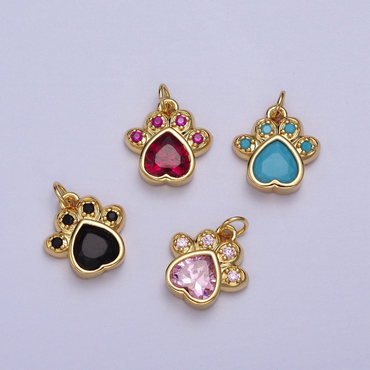 Turquoise, Pink, Red, Black CZ Animal Paw Print Gold Charm | AC019 - AC020