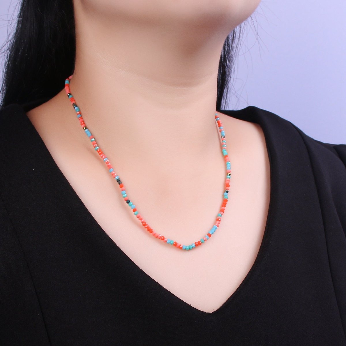 Turquoise Red Gold Beaded Necklace, Blue Seed Bead Necklace, Minimalist Choker, tiny beads, Blue Red Gold, Small Beads Choker, Beaded Necklace | WA-454 Clearance Pricing