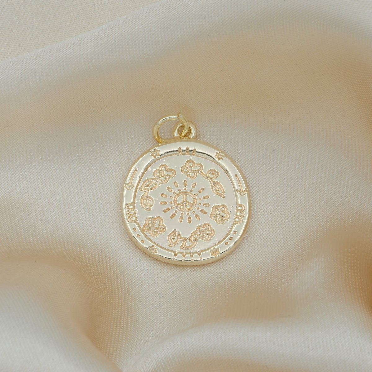Twin Heart Heart Ornament on Gold Plated Rustic Coin Charm, Golden Loving Heart Medallion Charm Pendant GP-137 - DLUXCA