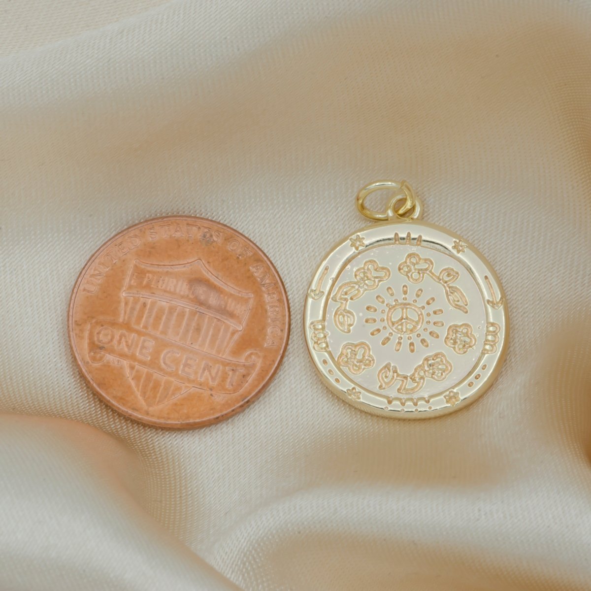 Twin Heart Heart Ornament on Gold Plated Rustic Coin Charm, Golden Loving Heart Medallion Charm Pendant GP-137 - DLUXCA
