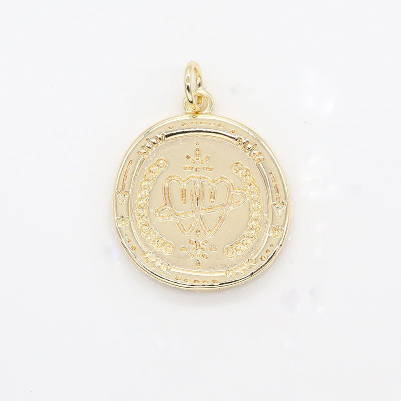 Twin Heart Heart Ornament on Gold Plated Rustic Coin Charm, Golden Loving Heart Medallion Charm Pendant GP-137 - DLUXCA