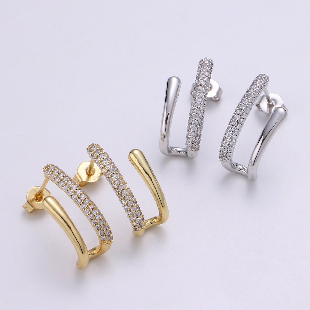 U Shape 24K Gold filled CZ Pave Stud, White Gold filled Micro Pave Earring for DIY Earring Craft Supply Jewelry Making, Q-389