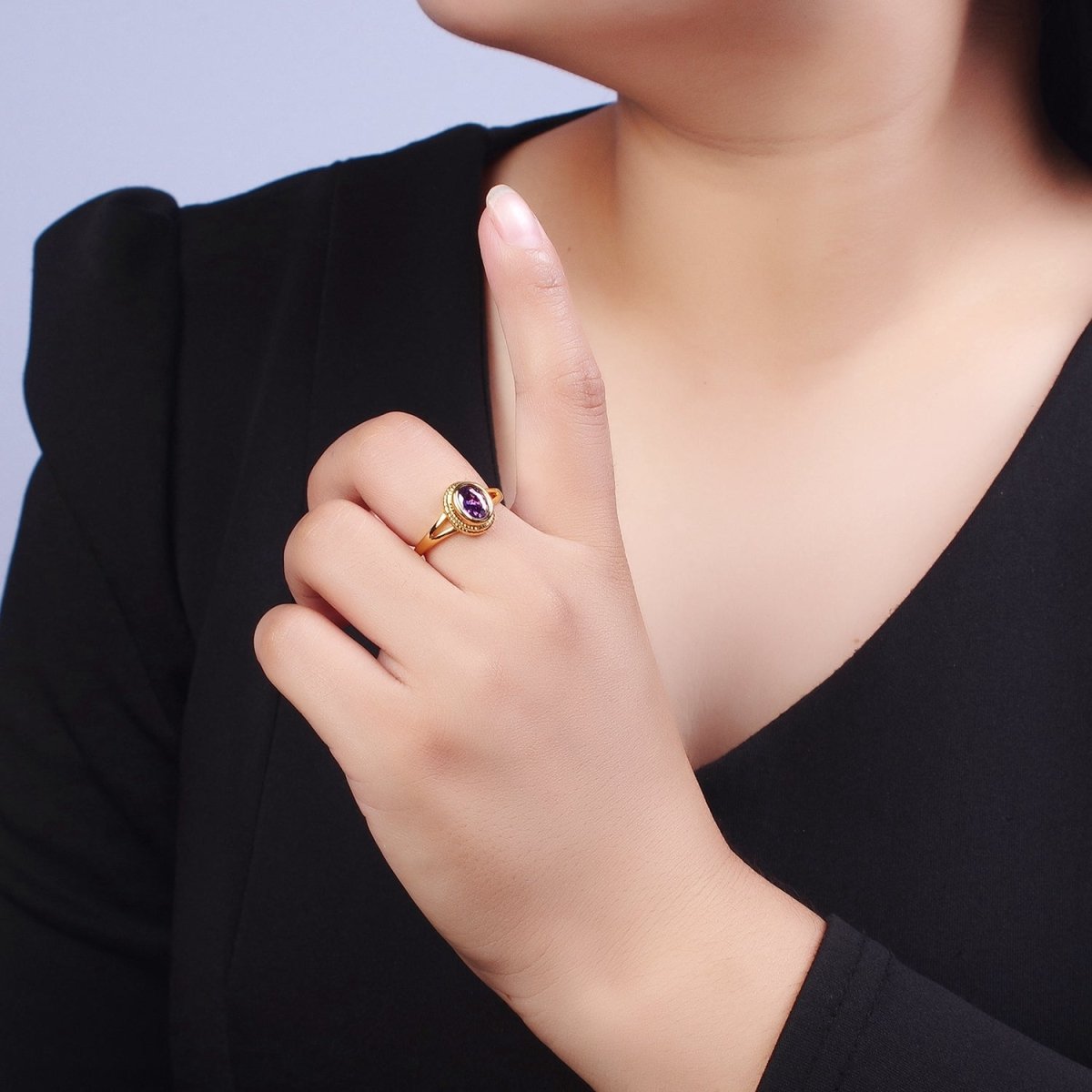 Vintage Gold Ring Amethyst Purple CZ Ring Open Adjustable Jewelry | R-207 - DLUXCA
