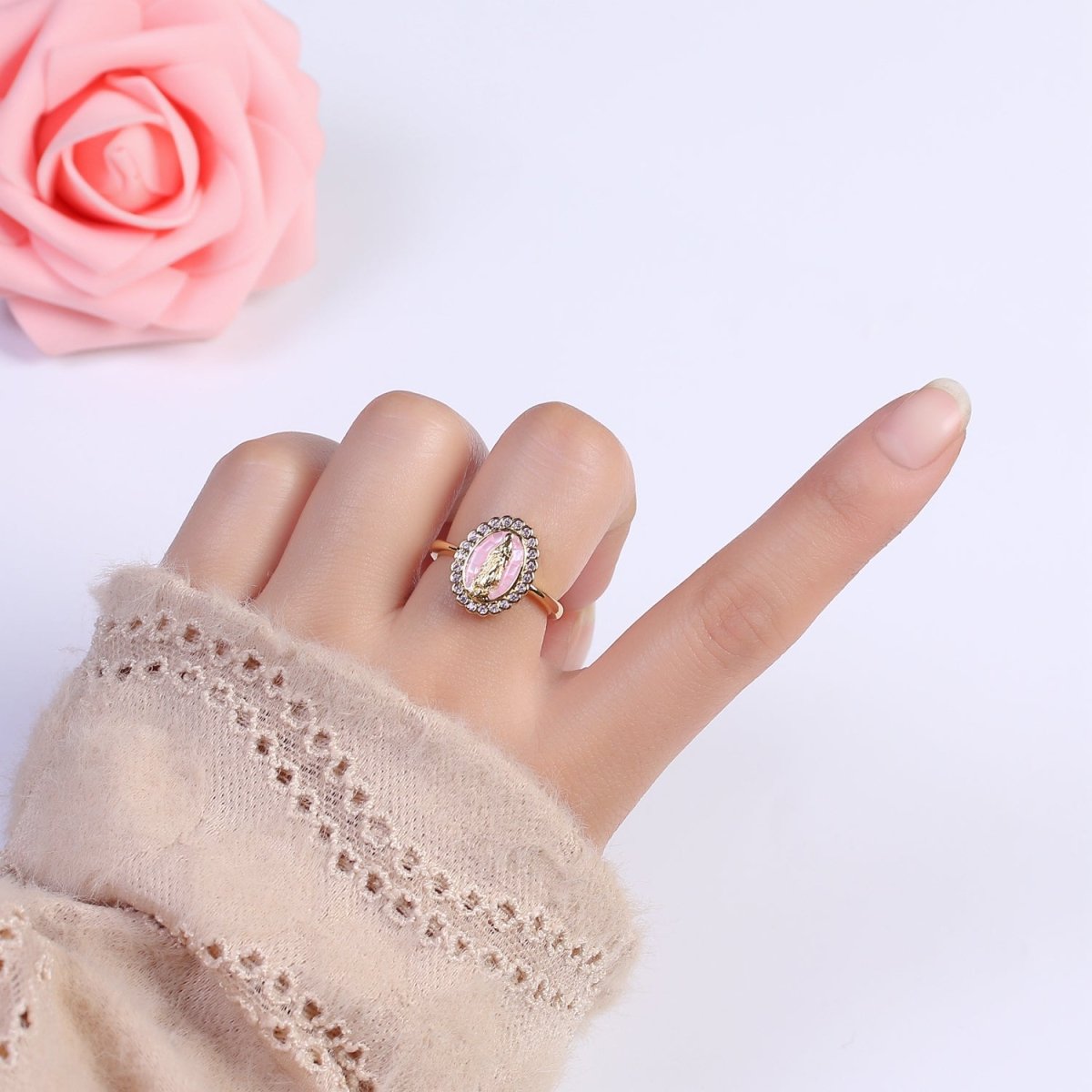 Virgin Mary Ring, 14K Gold Filled Religious Medallion Ring, Mother Mary Statement Ring, cz Lady of Guadalupe Ring S-401 to S-404