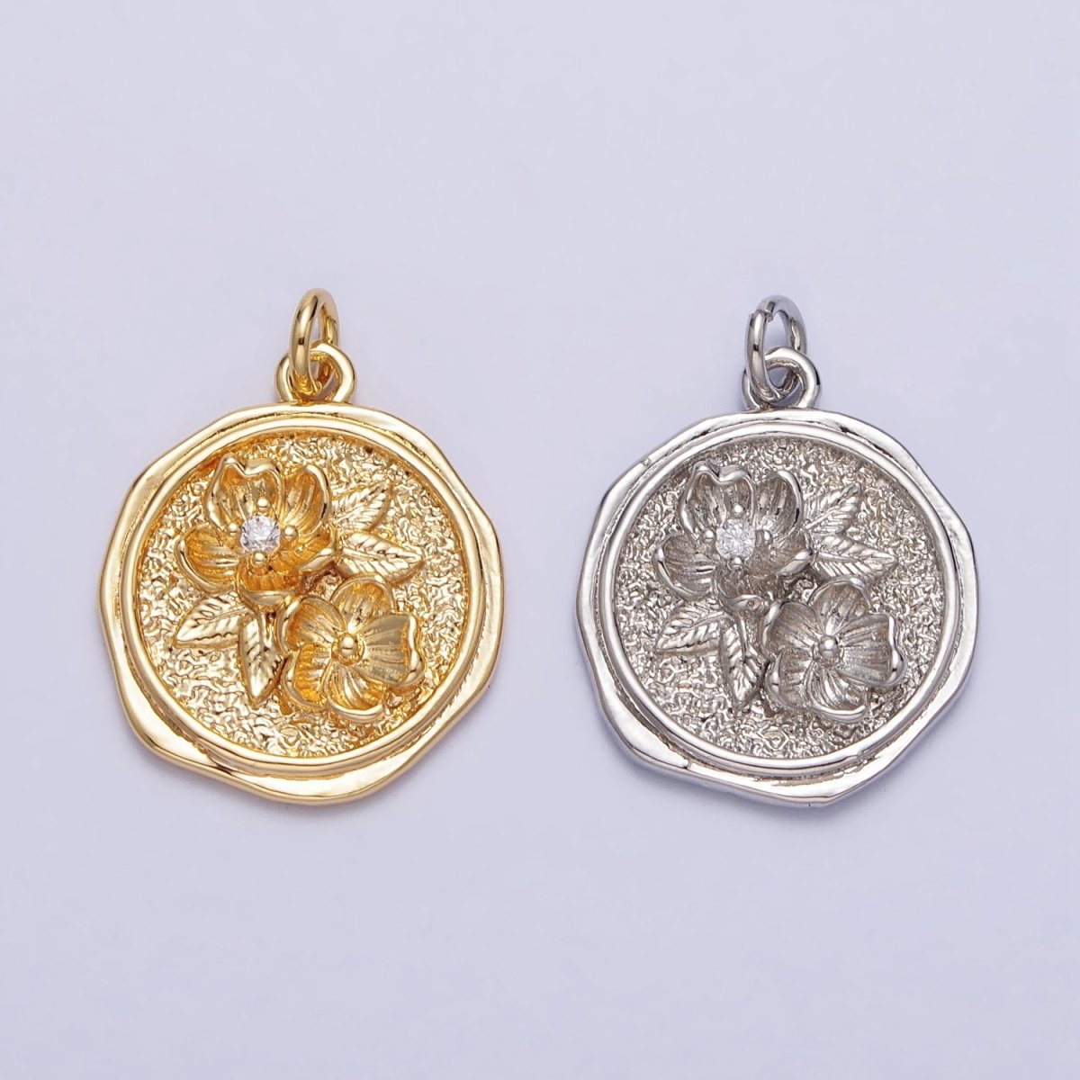 Water Lily Lotus July Birth Flower Textured Round Charm in Gold & Silver | AC282 AC283
