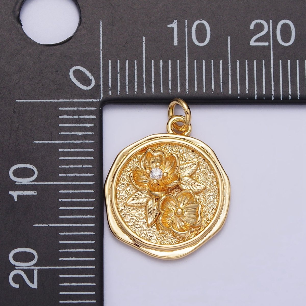 Water Lily Lotus July Birth Flower Textured Round Charm in Gold & Silver | AC282 AC283