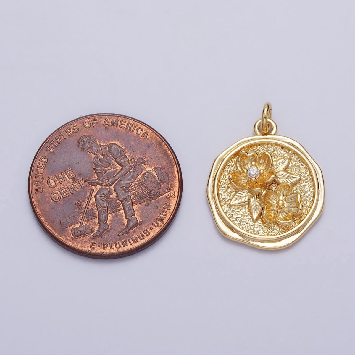 Water Lily Lotus July Birth Flower Textured Round Charm in Gold & Silver | AC282 AC283