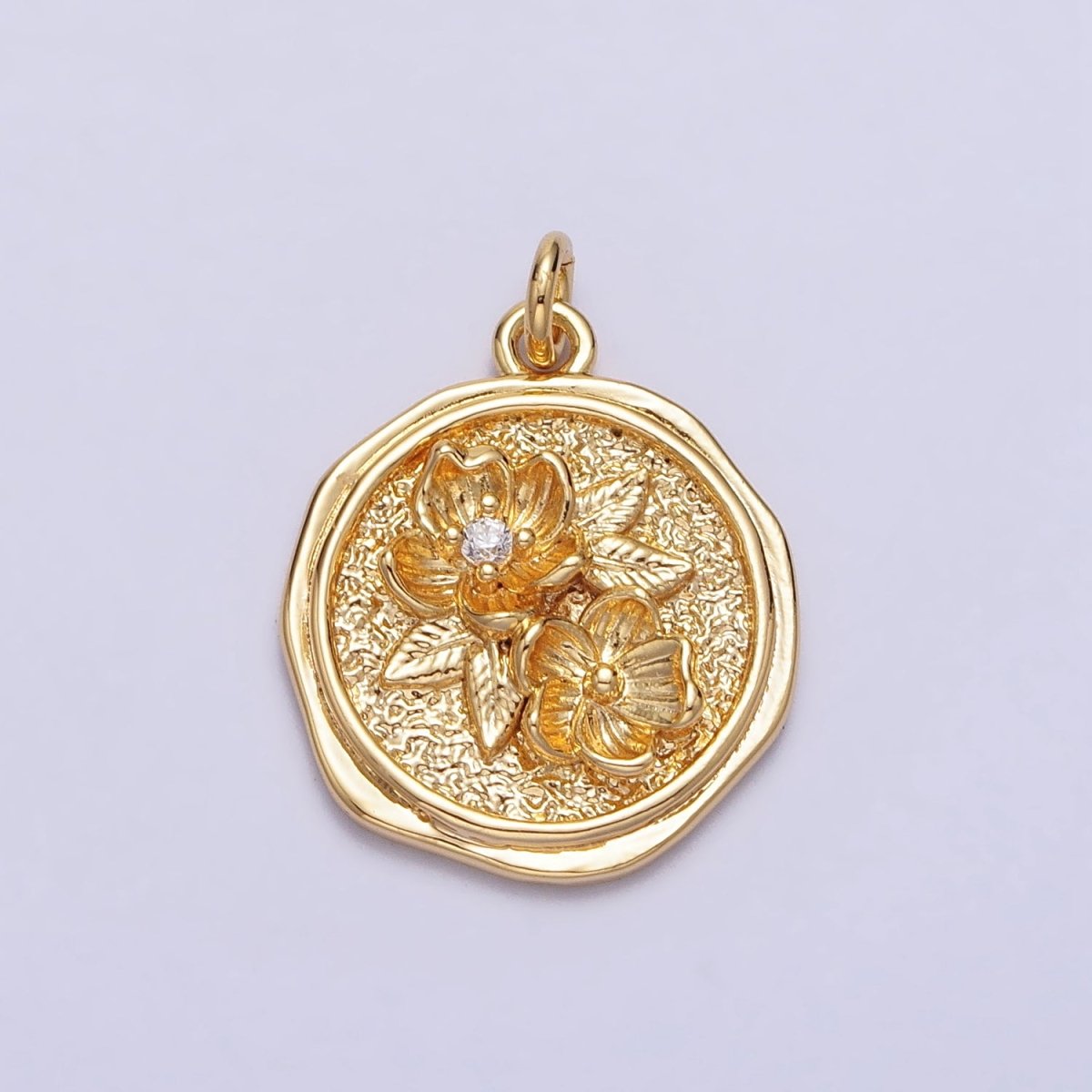 Water Lily Lotus July Birth Flower Textured Round Charm in Gold & Silver | AC282 AC283