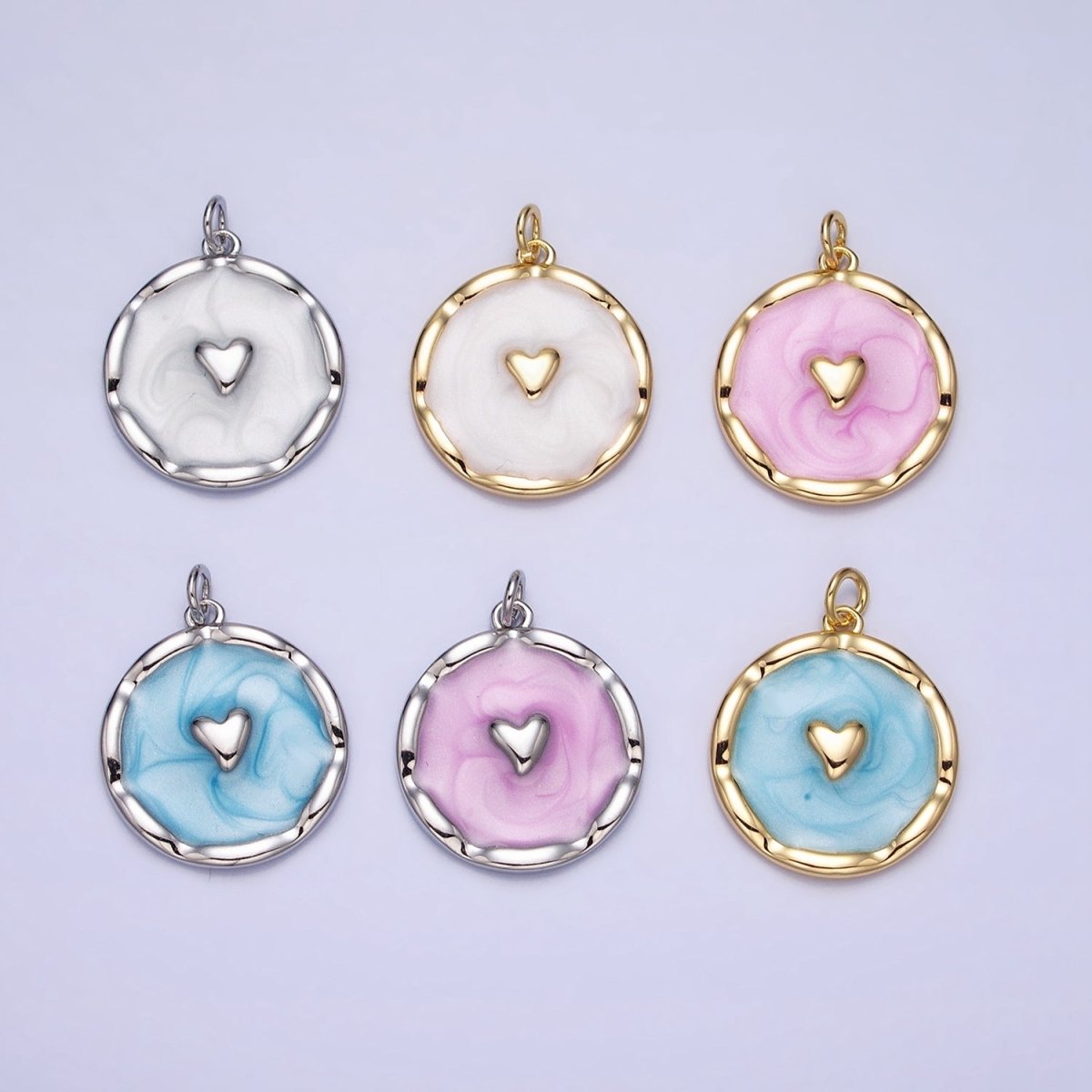 White, Blue, Pink Sparkly Enamel Heart Round Charm in Gold & Silver | AC633 - AC638
