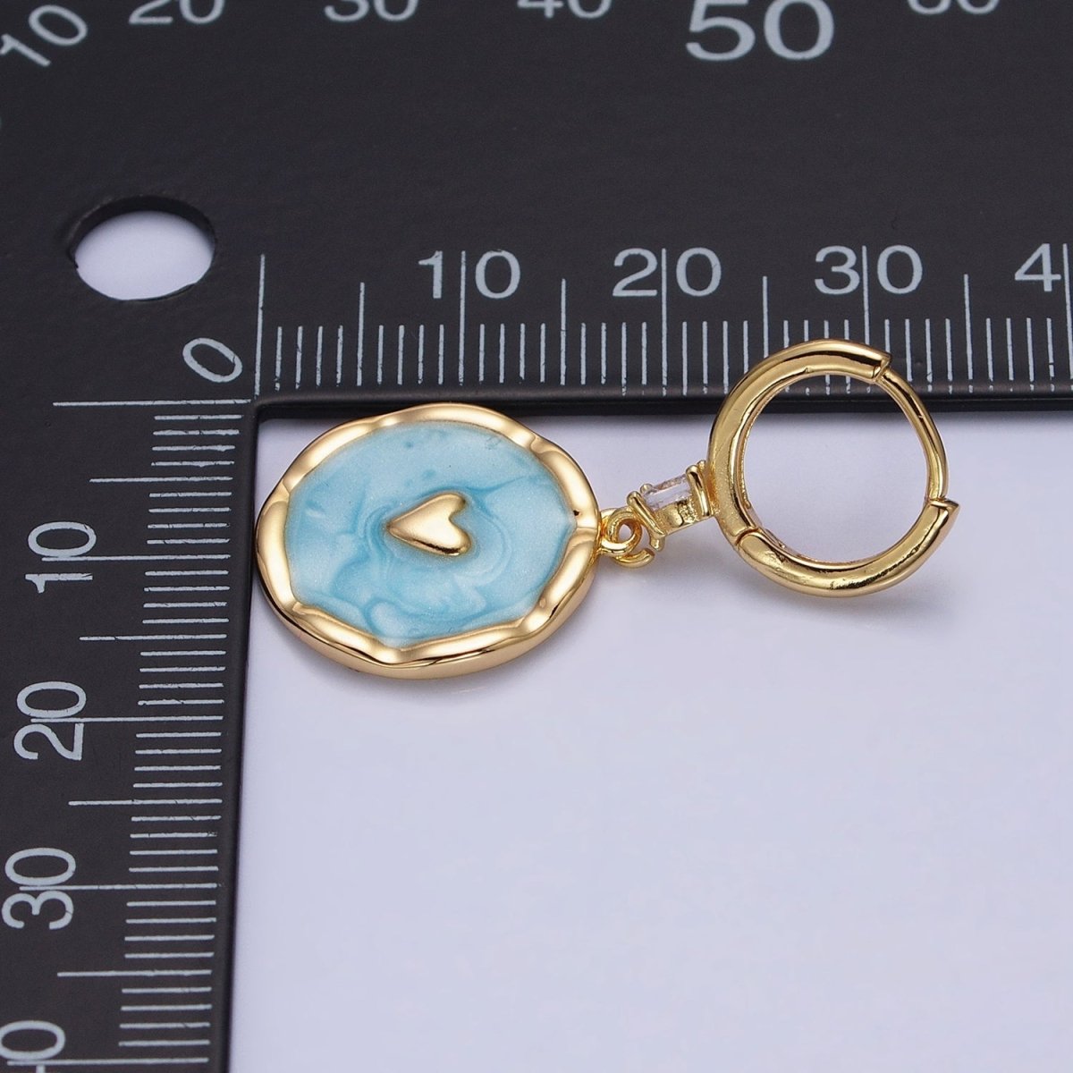 White, Blue, Pink Sparkly Enamel Heart Round CZ Drop Gold Huggie Earrings | AD794 - AD796