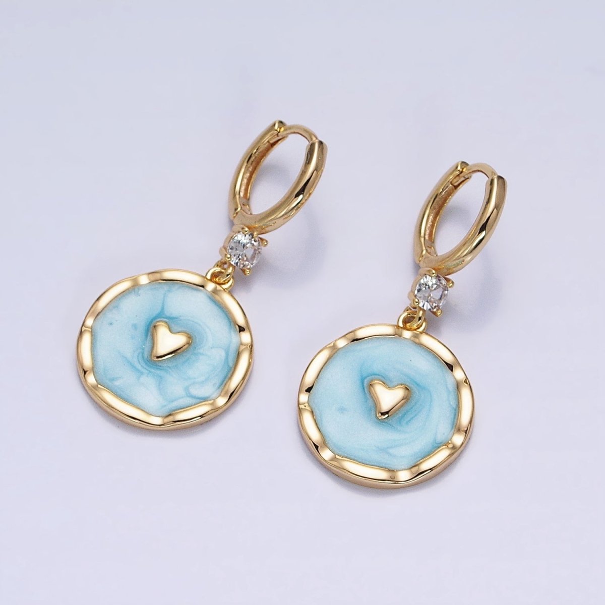 White, Blue, Pink Sparkly Enamel Heart Round CZ Drop Gold Huggie Earrings | AD794 - AD796