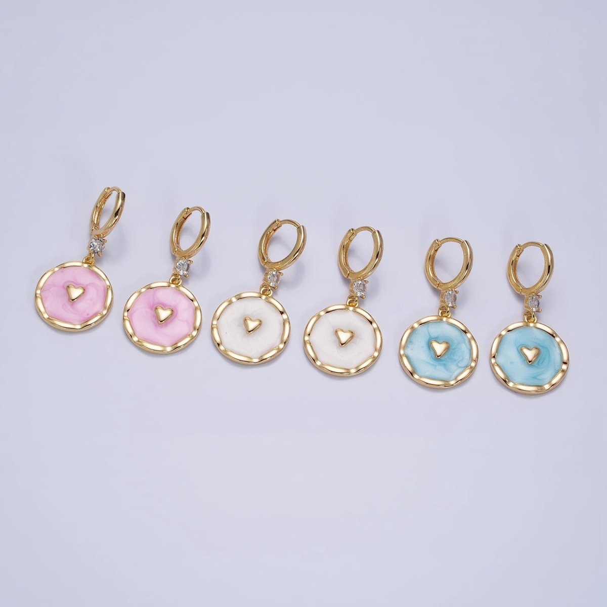 White, Blue, Pink Sparkly Enamel Heart Round CZ Drop Gold Huggie Earrings | AD794 - AD796