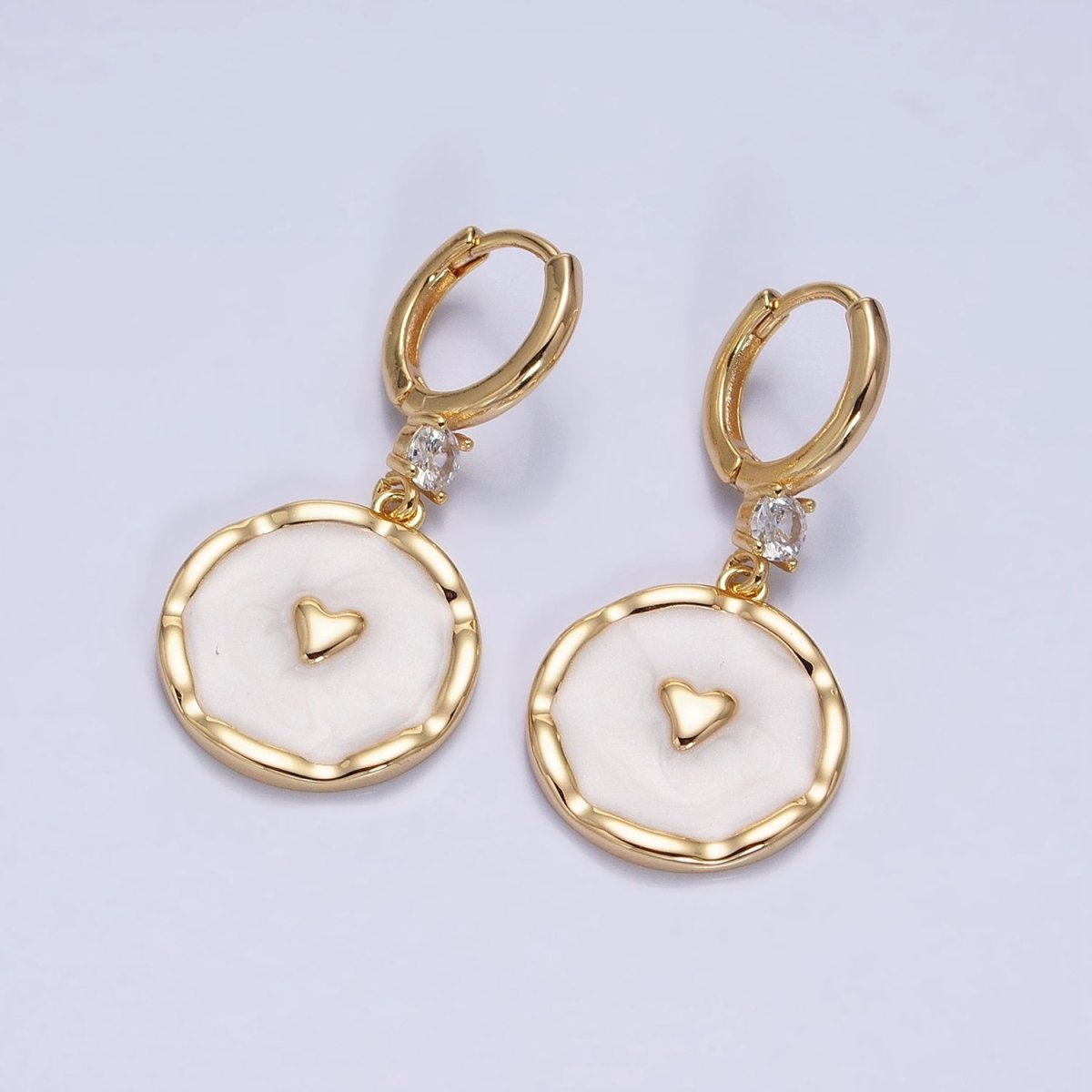 White, Blue, Pink Sparkly Enamel Heart Round CZ Drop Gold Huggie Earrings | AD794 - AD796
