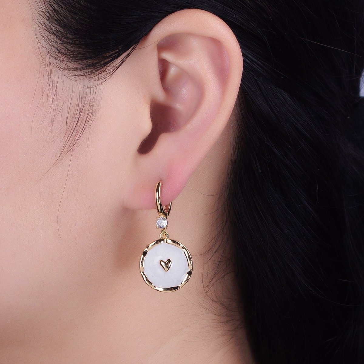 White, Blue, Pink Sparkly Enamel Heart Round CZ Drop Gold Huggie Earrings | AD794 - AD796
