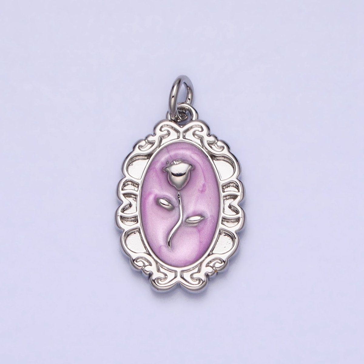 White, Blue, Pink Sparkly Enamel Rose Flower Oval Charm in Gold & Silver | AC649 - AC654