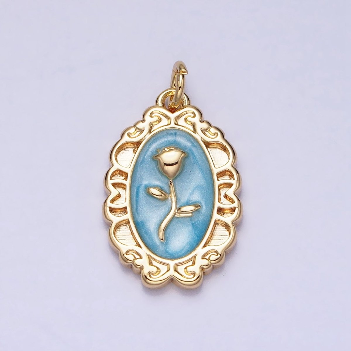 White, Blue, Pink Sparkly Enamel Rose Flower Oval Charm in Gold & Silver | AC649 - AC654