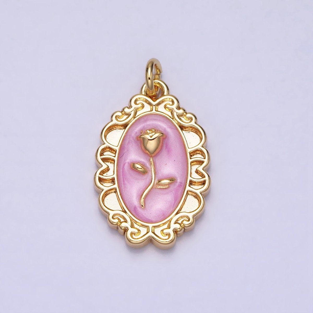 White, Blue, Pink Sparkly Enamel Rose Flower Oval Charm in Gold & Silver | AC649 - AC654