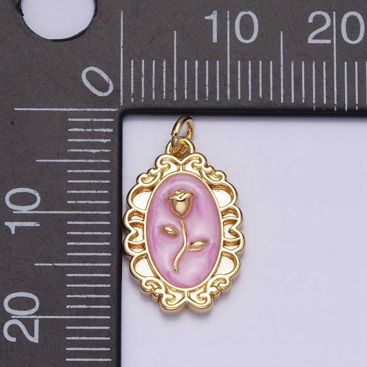 White, Blue, Pink Sparkly Enamel Rose Flower Oval Charm in Gold & Silver | AC649 - AC654