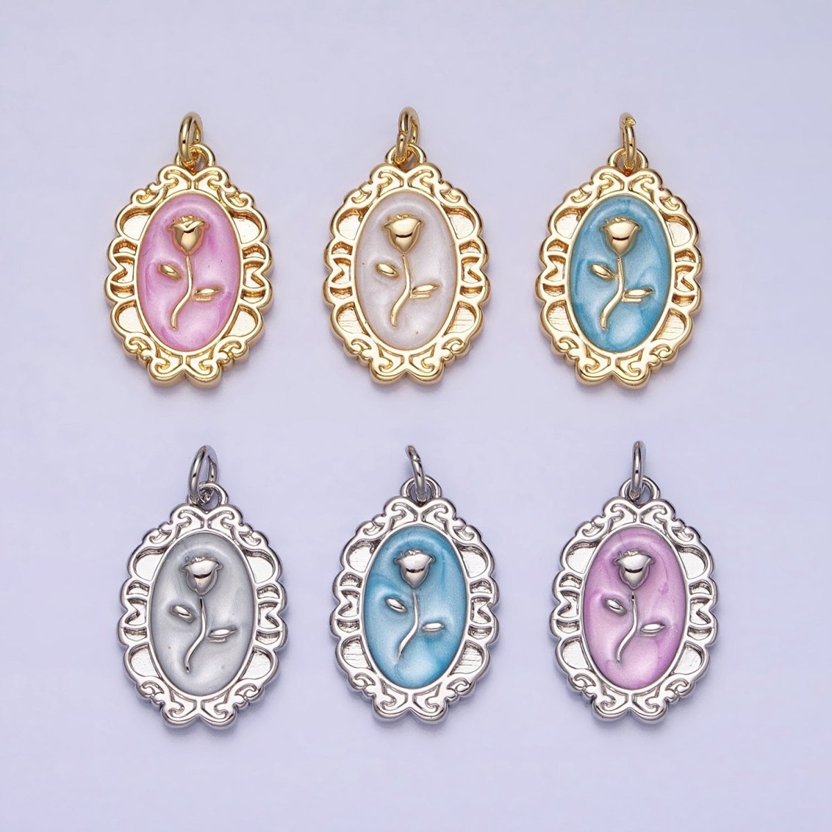 White, Blue, Pink Sparkly Enamel Rose Flower Oval Charm in Gold & Silver | AC649 - AC654