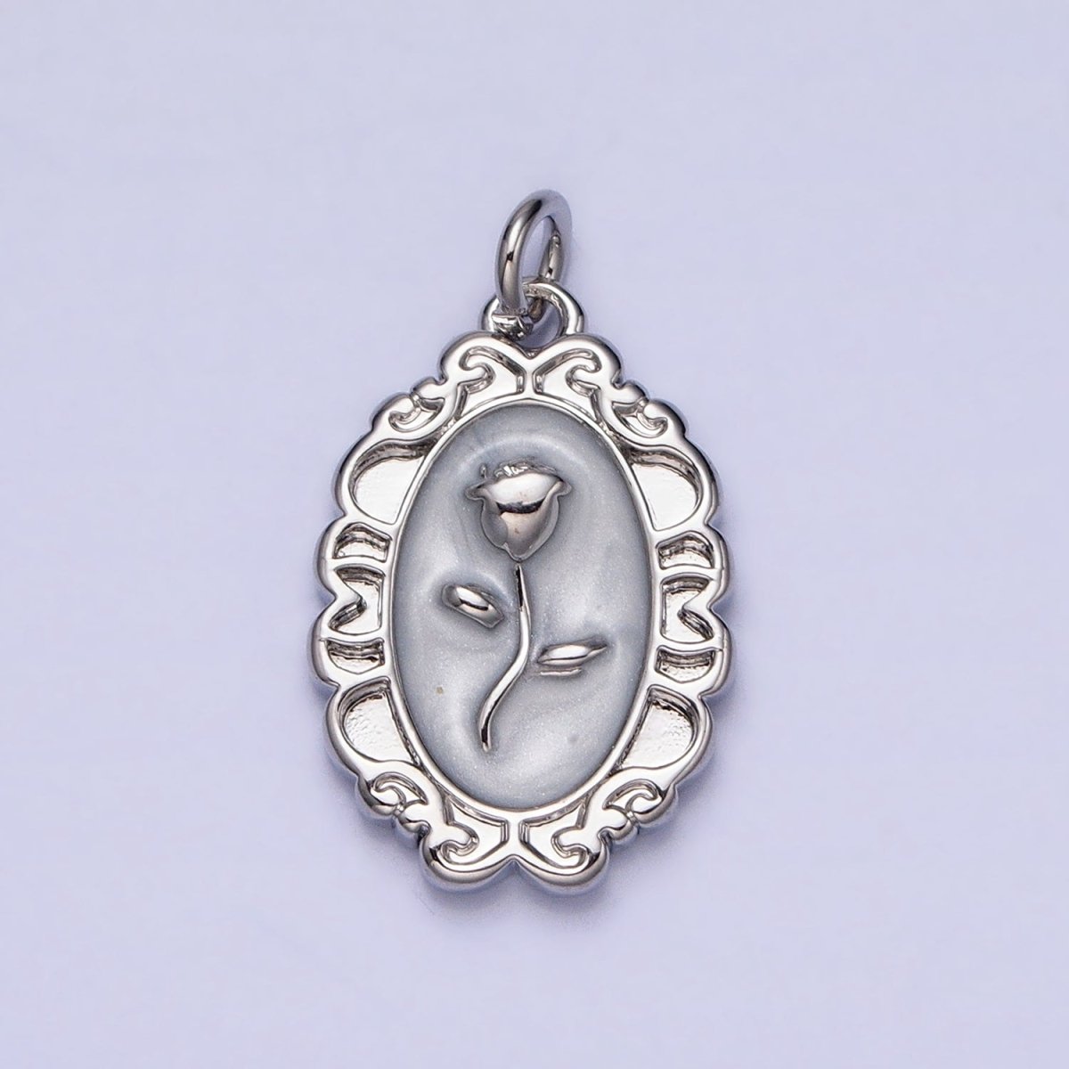 White, Blue, Pink Sparkly Enamel Rose Flower Oval Charm in Gold & Silver | AC649 - AC654
